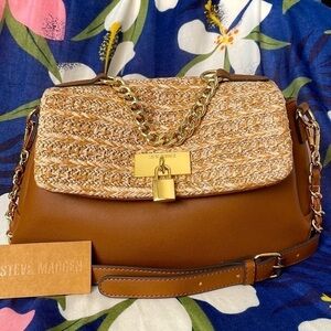 Brand New Steve Madden Natural Straw Gold Tone Chain Crossbody Purse Handbag